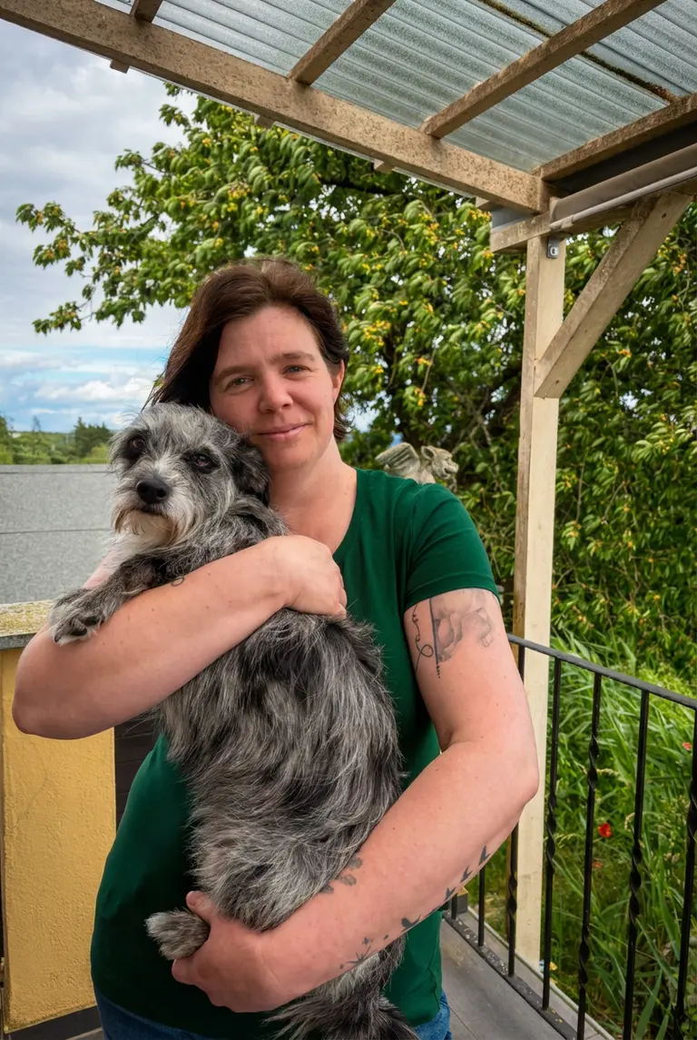 Yvonne Krüger hält einen grauen Terrier-Mischling auf dem Arm