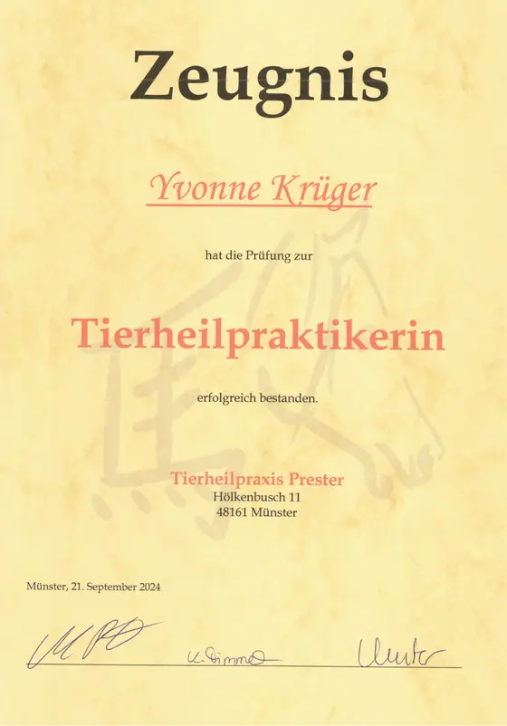Abschlusszeugnis der Tierheilpraktiker-Ausbildung von Yvonne Krüger